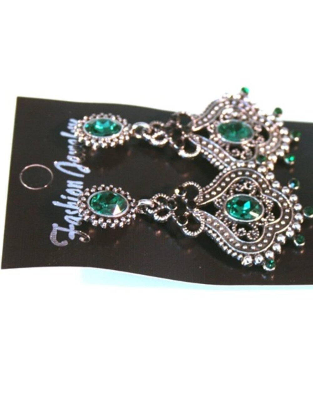 DESIGNER Antique Silver Emerald Green & Black Crystals Chandelier Earrings**NEW! - Picture 3 of 3